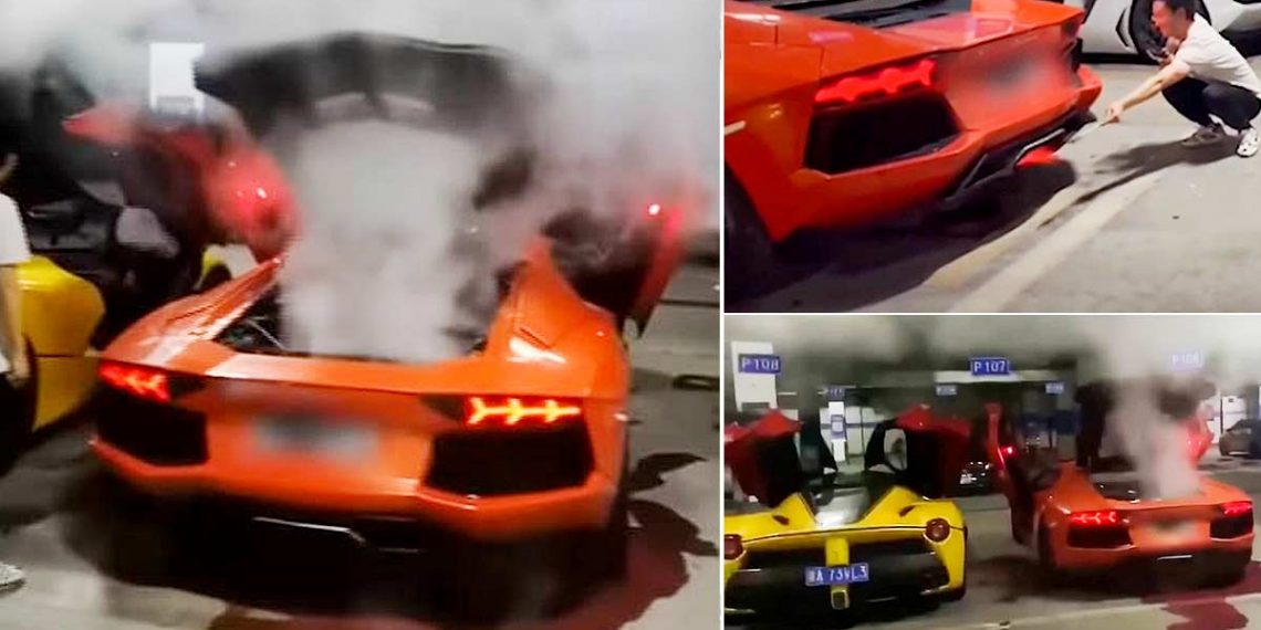 Lamborghini Aventador 土豪车主猛踩油门表演“喷火烤肉”，结果踩爆引擎！直喷白烟“流血”!