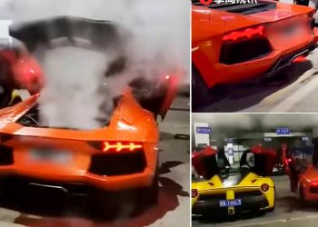 Lamborghini Aventador 土豪车主猛踩油门表演“喷火烤肉”，结果踩爆引擎！直喷白烟“流血”!