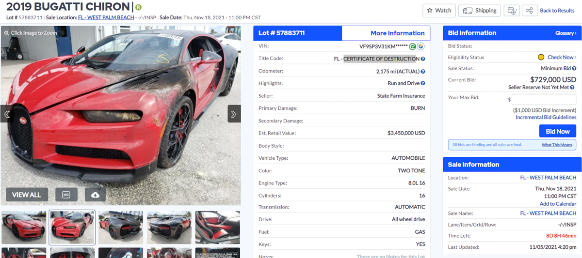 Bugatti Chiron Accident car For Sale